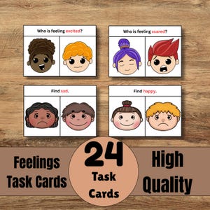 May include: A set of 24 task cards for learning about feelings. Each card features cartoon faces expressing emotions like excited, scared, sad, and happy. The cards are labeled with questions and instructions. The words "Feelings Task Cards" and "High Quality" are also visible.