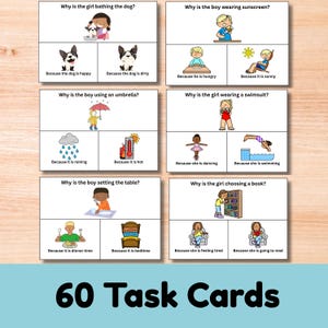May include: Educational task cards with illustrations and text. Each card poses a question, such as "Why is the girl bathing the dog?" with multiple-choice answers. The set includes 60 cards, ideal for learning and cognitive development.