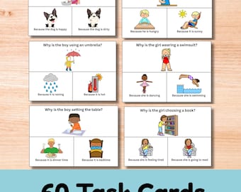 Why Questions Task Cards Printable, Why And Because Task Cards, Speech Therapy WH Questions, ABA Resource, Autism Communication Activity SEN