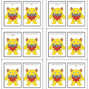 May include: A set of flashcards featuring a cartoon monster with a yellow body, red mouth, and orange horns. Each card has the text "Feed the monster" followed by a different item or concept, such as "bathroom item" or "a number."