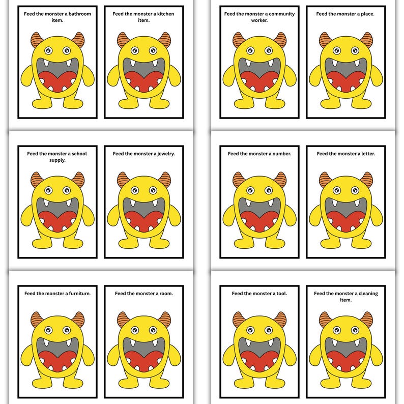 May include: A set of flashcards featuring a cartoon monster with a yellow body, red mouth, and orange horns. Each card has the text "Feed the monster" followed by a different item or concept, such as "bathroom item" or "a number."