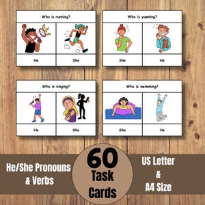 Puede incluir: Tarjetas de tareas educativas con ilustraciones de personas realizando acciones como correr, bostezar, cantar y nadar. Las tarjetas están etiquetadas con los pronombres "He" y "She". La imagen también incluye el texto "He/She Pronouns & Verbs", "60 Task Cards" y "US Letter & A4 Size".