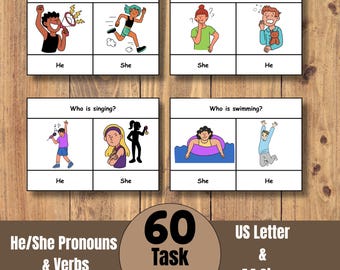 He/She Pronouns Task Cards, Verbs/Actions Task Cards, Speech & Language Therapy, ABA, Special Education, Autism, Language Development, PDF