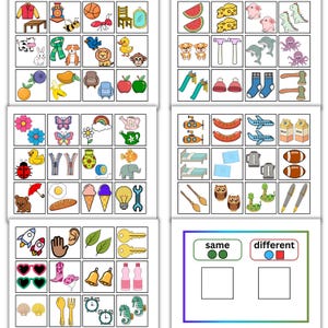 May include: A colorful educational worksheet with various illustrated objects, including fruits, animals, and tools. The worksheet also features a section for identifying items that are the same or different, with labeled boxes for sorting.