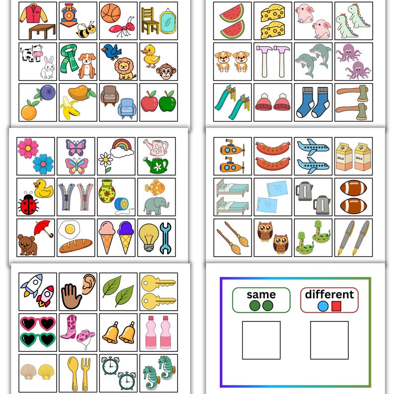 May include: A colorful educational worksheet with various illustrated objects, including fruits, animals, and tools. The worksheet also features a section for identifying items that are the same or different, with labeled boxes for sorting.