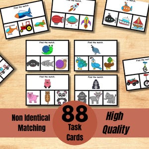 May include: A set of 88 task cards with vibrant illustrations for matching activities. The cards display diverse objects, animals, and vehicles, with the text "Find the match" on each. The words "Non Identical Matching" and "High Quality" are also visible.