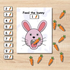 May include: A children's educational game with a bunny theme. The game features a white card with a pink bunny graphic and the text "Feed the bunny". There are also numbered cards with carrot illustrations and individual carrot cutouts.