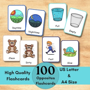100 Opposites Flashcards, Printable High Quality Opposites Cards for Toddlers and kids, Montessori, Early Years Homeschooling Activities PDF