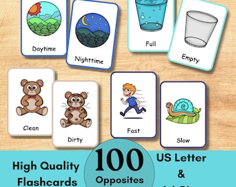 100 Opposites Flashcards, Printable High Quality Opposites Cards for Toddlers and kids, Montessori, Early Years Homeschooling Activities PDF