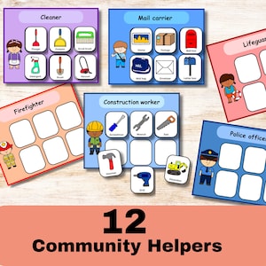 May include: Colorful educational cards featuring community helpers like cleaners, mail carriers, and firefighters. Each card displays related images and text labels. The phrase "12 Community Helpers" is written in large, bold letters at the bottom of the image.
