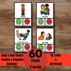 Peut inclure: Jeu de 60 cartes de tâches pour les comportements positifs et négatifs. Chaque carte présente une illustration et les mots "Yelling", "Sharing", "Snatching toys" et "Spitting". Chaque carte a une option "Good choice" et "Bad choice".