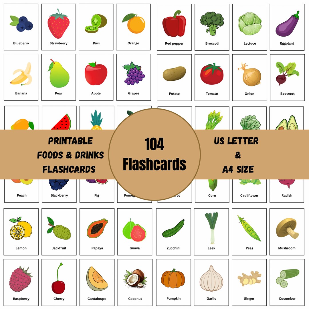 104 Food & Drinks Flashcards Bundle, Printable Educational Flashcards ...