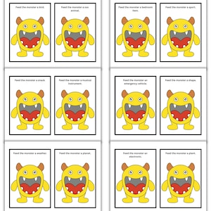 May include: A set of flashcards featuring a yellow monster with orange horns and a red mouth. Each card has the phrase "Feed the monster a..." followed by a different noun, such as "bird," "zoo animal," or "shape."