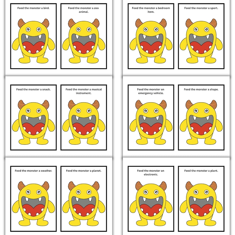 May include: A set of flashcards featuring a yellow monster with orange horns and a red mouth. Each card has the phrase "Feed the monster a..." followed by a different noun, such as "bird," "zoo animal," or "shape."