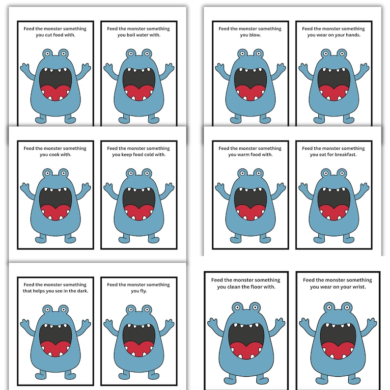 May include: A set of twelve cards featuring a cartoon blue monster with a large red mouth. Each card has a different prompt, such as "Feed the monster something you cut food with" or "Feed the monster something you wear on your wrist."