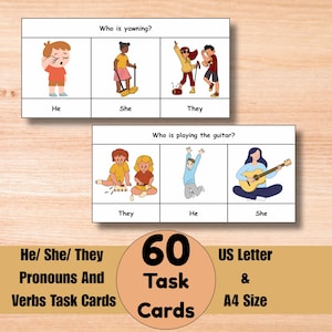 Puede incluir: Tarjetas de tareas educativas con ilustraciones y texto. Las tarjetas presentan imágenes de personas bostezando y tocando la guitarra, con pronombres como «Él», «Ella» y «Ellos». Las tarjetas están etiquetadas como «60 Tarjetas de tareas» y son de tamaño A4.