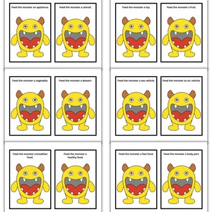 May include: A set of flashcards featuring a yellow monster with a red mouth and orange horns. Each card has the text "Feed the monster" followed by a different item, such as an appliance, utensil, toy, fruit, vegetable, dessert, sea vehicle, air vehicle, breakfast food, healthy food, fast food, or body part.
