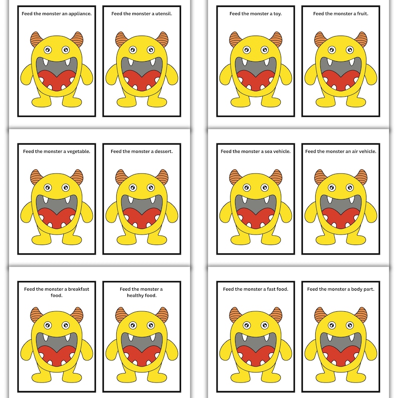 May include: A set of flashcards featuring a yellow monster with a red mouth and orange horns. Each card has the text "Feed the monster" followed by a different item, such as an appliance, utensil, toy, fruit, vegetable, dessert, sea vehicle, air vehicle, breakfast food, healthy food, fast food, or body part.