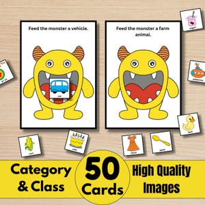 May include: Educational flashcards with a yellow monster theme. The cards feature illustrations of vehicles, farm animals, and other objects. The text on the cards reads "Feed the monster a vehicle" and "Feed the monster a farm animal." The set includes 50 cards.