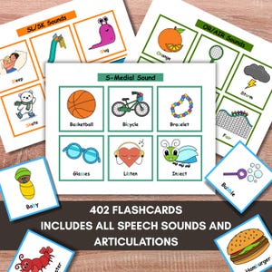 May include: A set of educational flashcards with illustrations of objects such as a bicycle, orange, and insect. The cards are designed to teach speech sounds and articulations. The text on the cards includes words like "Sleep", "Skate", and "Baby".