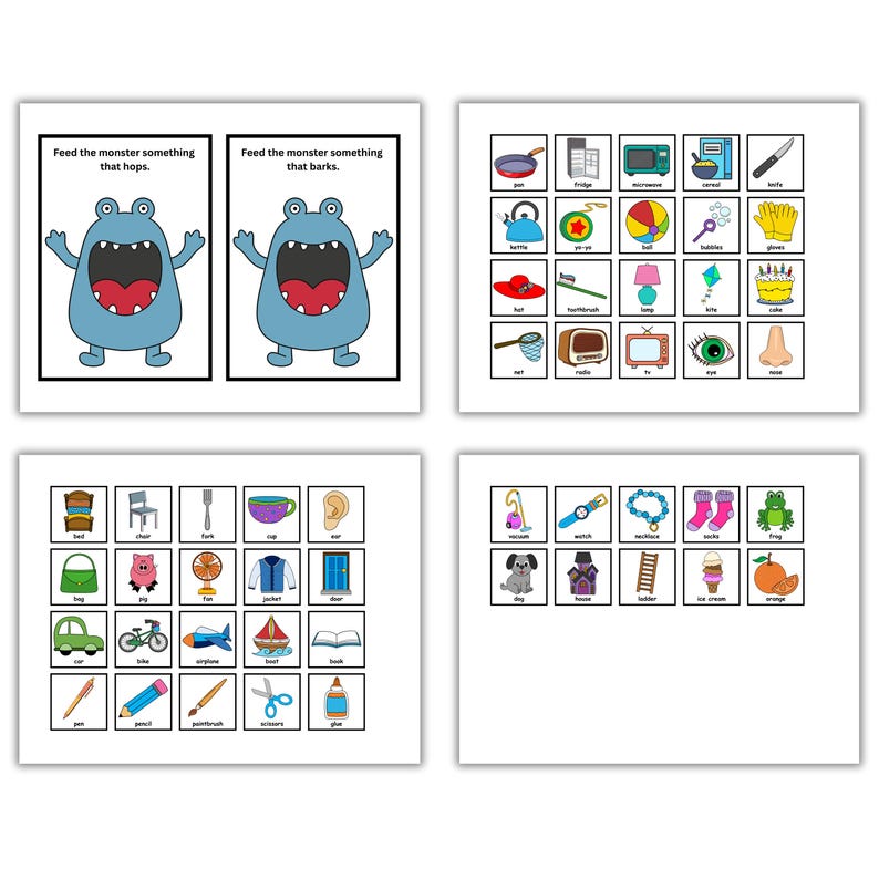 May include: Educational flashcards with colorful illustrations. The top left card features a blue monster with the text "Feed the monster something that hops." The top right card has the text "Feed the monster something that barks." Other cards show various objects.