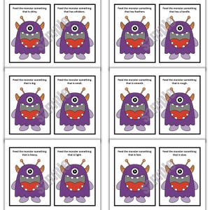 May include: A set of flashcards featuring a purple monster with one eye, orange antennae, and a large mouth. Each card has a different prompt, such as "Feed the monster something that is shiny." The cards are designed for educational purposes.