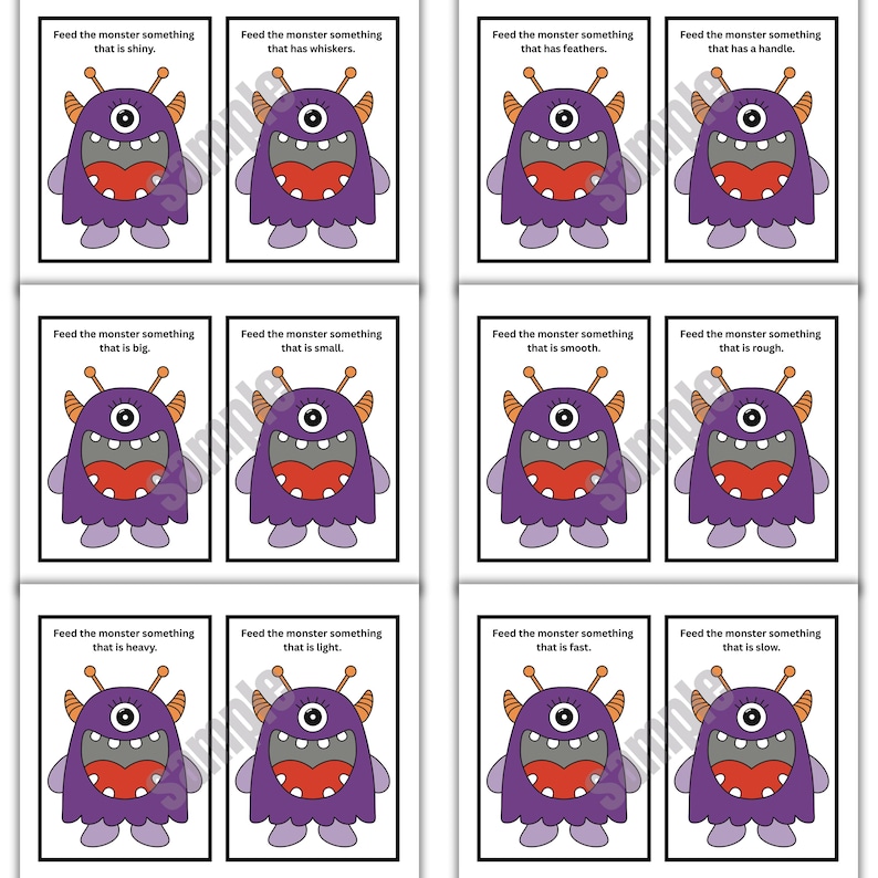 May include: A set of flashcards featuring a purple monster with one eye, orange antennae, and a large mouth. Each card has a different prompt, such as "Feed the monster something that is shiny." The cards are designed for educational purposes.