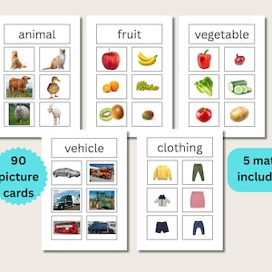 May include: Educational picture cards for learning. The cards are categorized into animals, fruits, vegetables, vehicles, and clothing. The set includes 90 picture cards and 5 mats. The text on the cards is clear and easy to read.