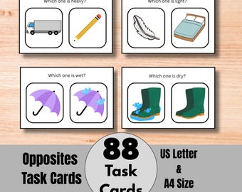 May include: Educational task cards for children. The image shows four cards with questions about opposites, such as heavy/light and wet/dry. The cards feature illustrations of a truck, pencil, feather, bed, umbrellas, and boots. The image also includes the text "Opposites Task Cards" and "88 Task Cards".