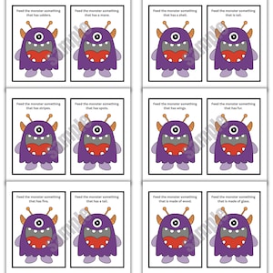 May include: A set of flashcards featuring a purple monster with one eye and a large mouth. Each card has a different prompt, such as "Feed the monster something that has udders." The cards are designed for educational purposes.
