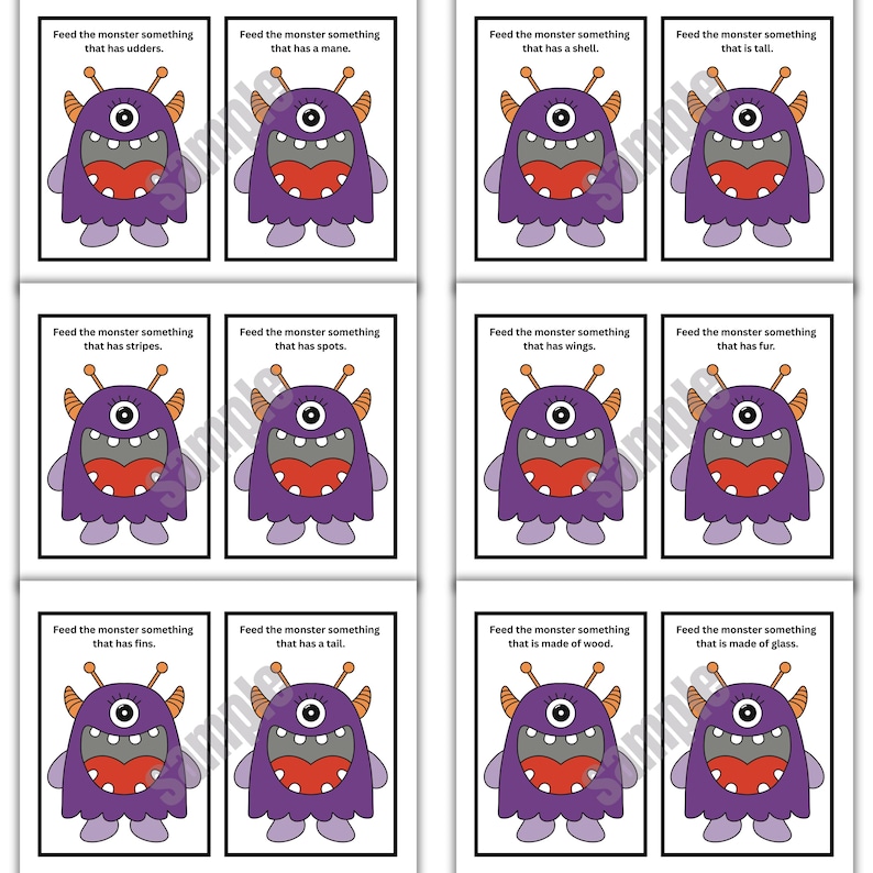 May include: A set of flashcards featuring a purple monster with one eye and a large mouth. Each card has a different prompt, such as "Feed the monster something that has udders." The cards are designed for educational purposes.