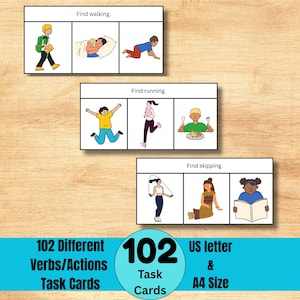 Puede incluir: Tarjetas de tareas educativas con ilustraciones de acciones como caminar, correr y saltar. Las tarjetas están diseñadas para aprender verbos y acciones, con el texto "102 Different Verbs/Actions Task Cards". Las tarjetas son tamaño US letter y A4.