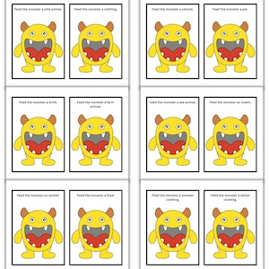 May include: A set of flashcards featuring a yellow monster with orange horns, a red mouth, and blue eyes. Each card has the text "Feed the monster" followed by a different noun, such as "wild animal" or "clothing."