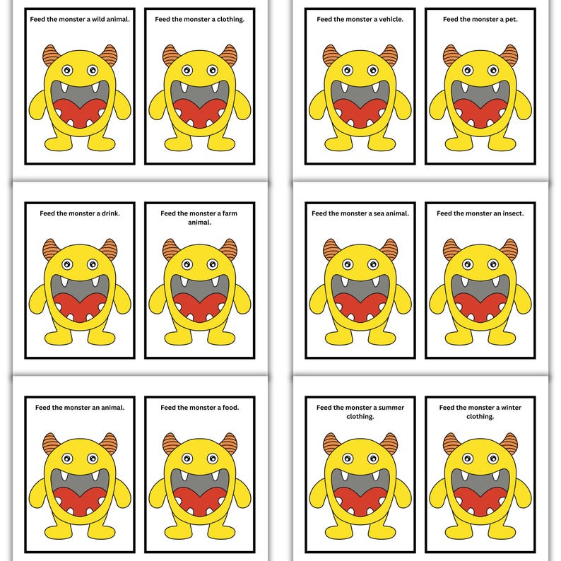 May include: A set of flashcards featuring a yellow monster with orange horns, a red mouth, and blue eyes. Each card has the text "Feed the monster" followed by a different noun, such as "wild animal" or "clothing."