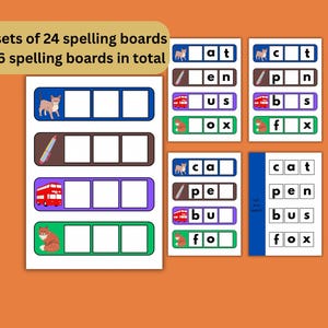 May include: Educational spelling boards with colorful illustrations of a cat, pencil, bus, and fox. Each board has a word with missing letters. The text reads: "4 sets of 24 spelling boards, 96 spelling boards in total."