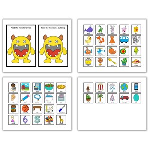 May include: Educational flashcards with colorful illustrations. The cards feature a yellow monster, various objects, and words. The text on the cards reads "Feed the monster a tree" and "Feed the monster a building."
