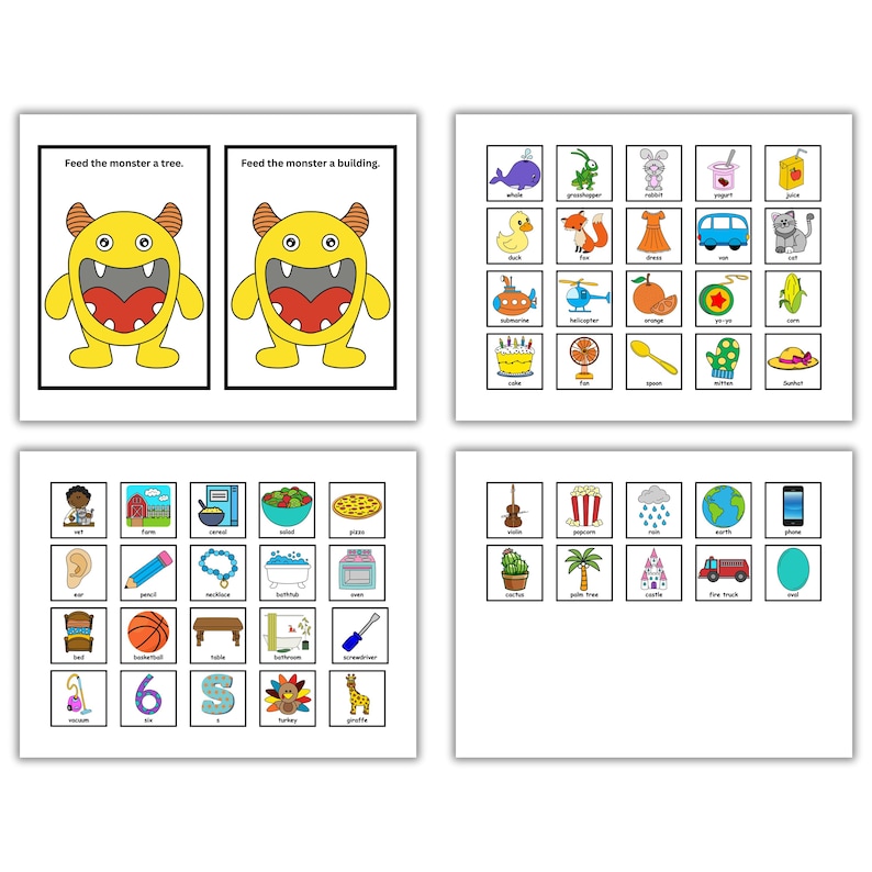 May include: Educational flashcards with colorful illustrations. The cards feature a yellow monster, various objects, and words. The text on the cards reads "Feed the monster a tree" and "Feed the monster a building."