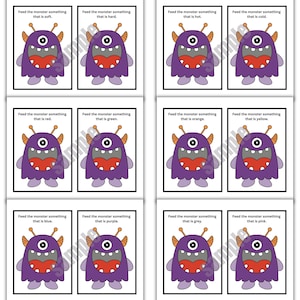 May include: Set of flashcards featuring a purple monster with one eye and a large mouth. Each card has the text "Feed the monster something that is..." followed by a descriptive word like "soft," "hard," or a color. Educational and fun.