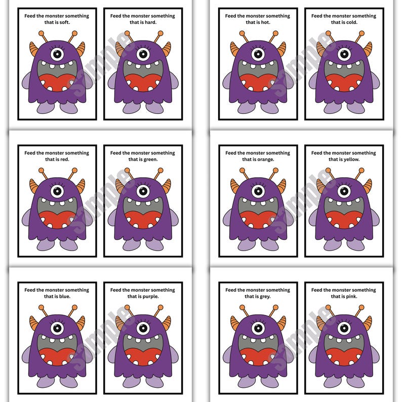 May include: Set of flashcards featuring a purple monster with one eye and a large mouth. Each card has the text "Feed the monster something that is..." followed by a descriptive word like "soft," "hard," or a color. Educational and fun.