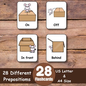 May include: Four flashcards showing a mouse and a box, illustrating prepositions: on, off, in front, and behind. The image also includes a circular graphic with the number 28 and the words "Flashcards", "28 Different Prepositions", and "US Letter & A4 Size".