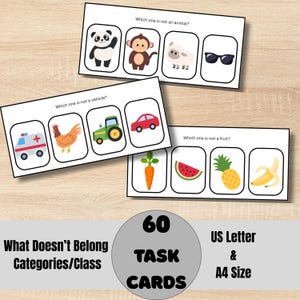 Op de afbeelding: Educatieve taakkaarten met kleurrijke illustraties. De kaarten bevatten vragen als "Welke is geen dier?" en "Welke is geen fruit?" De afbeelding bevat de tekst "What Doesn't Belong Categories/Class" en "60 Task Cards".