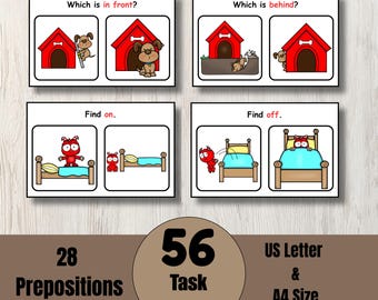 Prepositions Task Cards, 56 High Quality Task Cards, Speech & Language Therapy, ABA, kindergarten, Language Development, Homeschooling, PDF