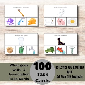 Pode incluir: Cartões de tarefas de associação educativa com ilustrações de objetos do dia a dia. Os cartões perguntam "O que combina com...?" e incluem imagens de uma escova de dentes, sanita, copo e meia, com itens relacionados. O conjunto inclui 100 cartões nos tamanhos US Letter e A4.