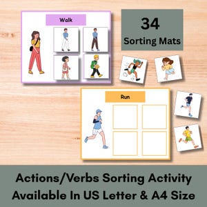 Może przedstawiać: Edukacyjna aktywność sortowania ze słowami "Walk" i "Run" na matach. Obrazek przedstawia ilustracje osób wykonujących te czynności. Widoczny jest również tekst "34 Sorting Mats". Tekst "Actions/Verbs Sorting Activity Available In US Letter & A4 Size" znajduje się na dole.