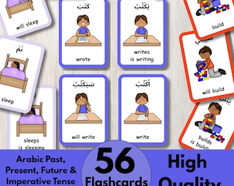 56 Arabische Verben Karteikarten, Vergangenheit, Gegenwart, Zukunft & Imperativ, Englische Übersetzung, Karten zum Ausdrucken, zweisprachig, PDF