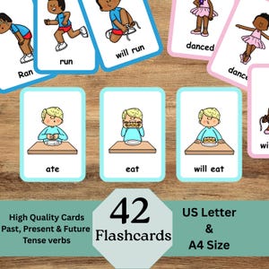Op de afbeelding: Flashcards voor het leren van werkwoordstijden. De kaarten tonen illustraties van kinderen en eten, met werkwoorden als "ate", "eat" en "will eat". De set bevat 42 flashcards, met de tekst "US Letter & A4 Size."