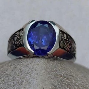 AAA+ Blue Sapphire Handcrafted Blue Sapphire Ring for Men | Sterling Silver 925 | Vintage Style Men’s Jewelry