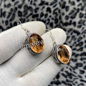 November Birthstone Oval Dangle Earrings, Handmade Citrine Gemstone Earrings, 92.5 Sterling Silver Jewelry For Mom, Memorial Gift