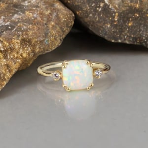 14K Gold Genuine Opal Ring | Dainty Birthstone Jewelry | Handmade Gold Ring for Women