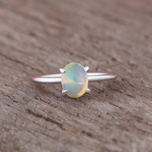 14K White Gold Genuine Opal Ring | Dainty Birthstone Jewelry | Handmade Gold Ring for Women Light Weight Solid Gold Ring